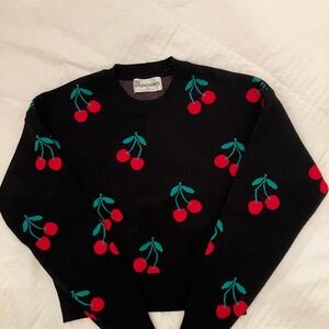 No Boundaries Black Sweater with Red Cherry Design S
